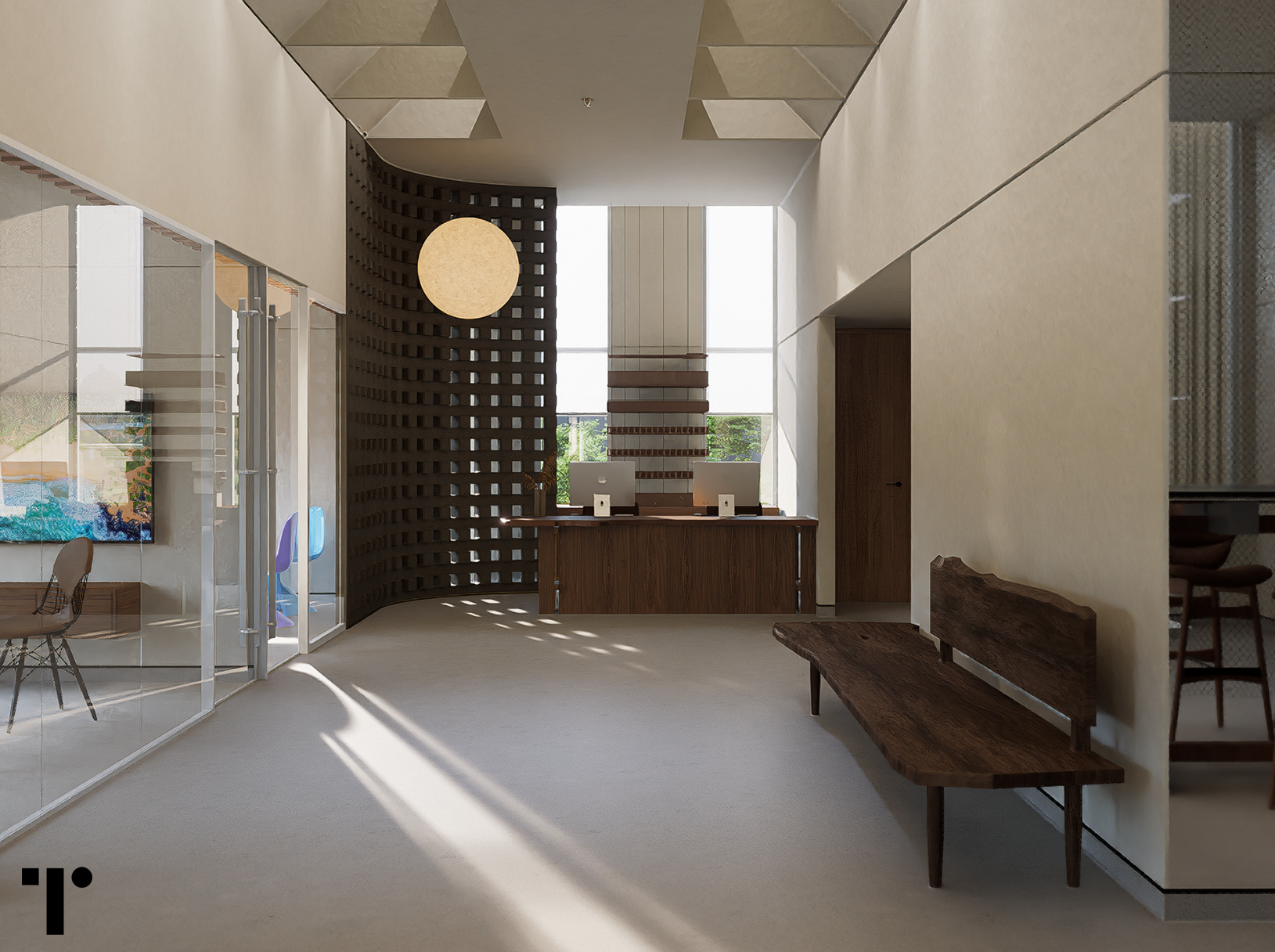T Forms interior reception with warm light and material detail