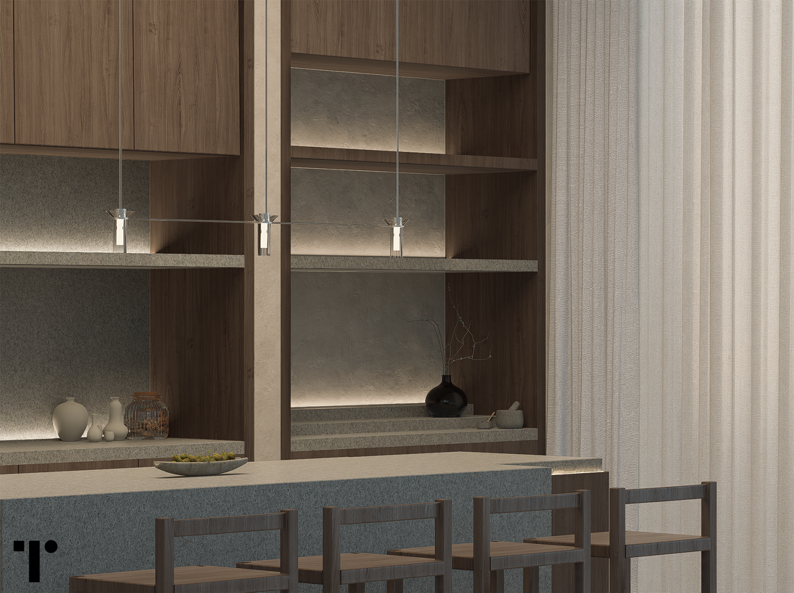 T Forms dining and shelving interior with soft lighting