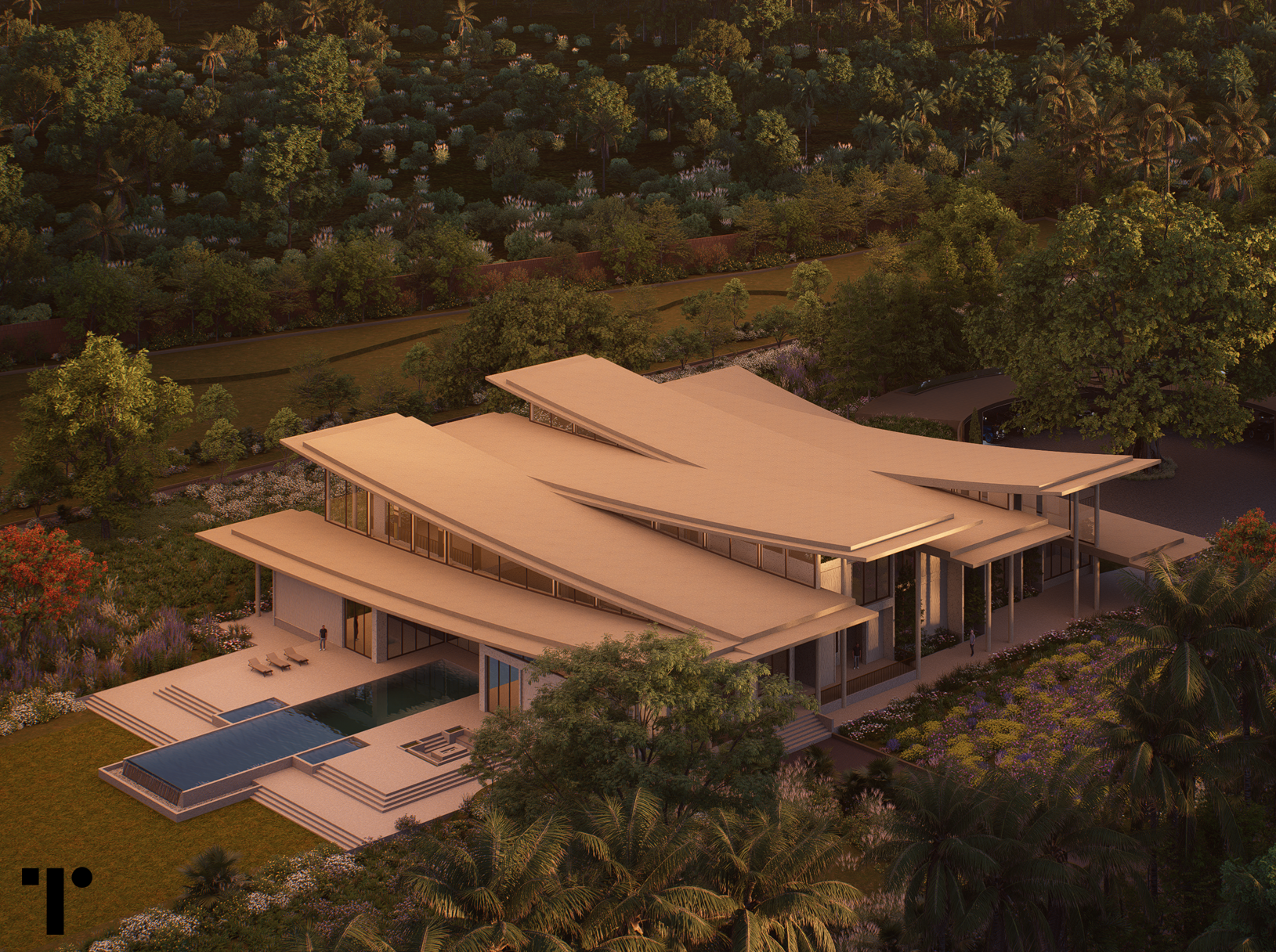 T Forms architectural residence aerial view in landscape